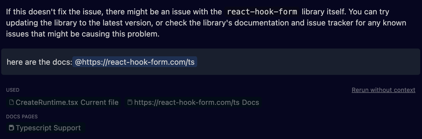 My follow-up giving Cursor more context, and Cursor telling me what it used to generate the next answer